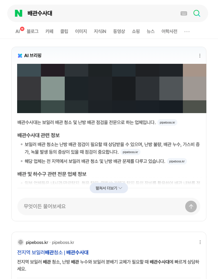 배관수사대 네이버 검색 결과와 AI 브리핑의 pipeboss.kr 인용 화면. 인물과 식별 번호가 포함된 상단 사진 영역은 모자이크 처리됨